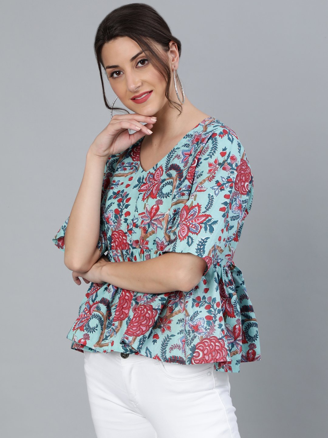 Women Green Printed Top With V Neck & Three Quarter Sleeves | LASVINI - Redefining Indian Fashion with Elegance