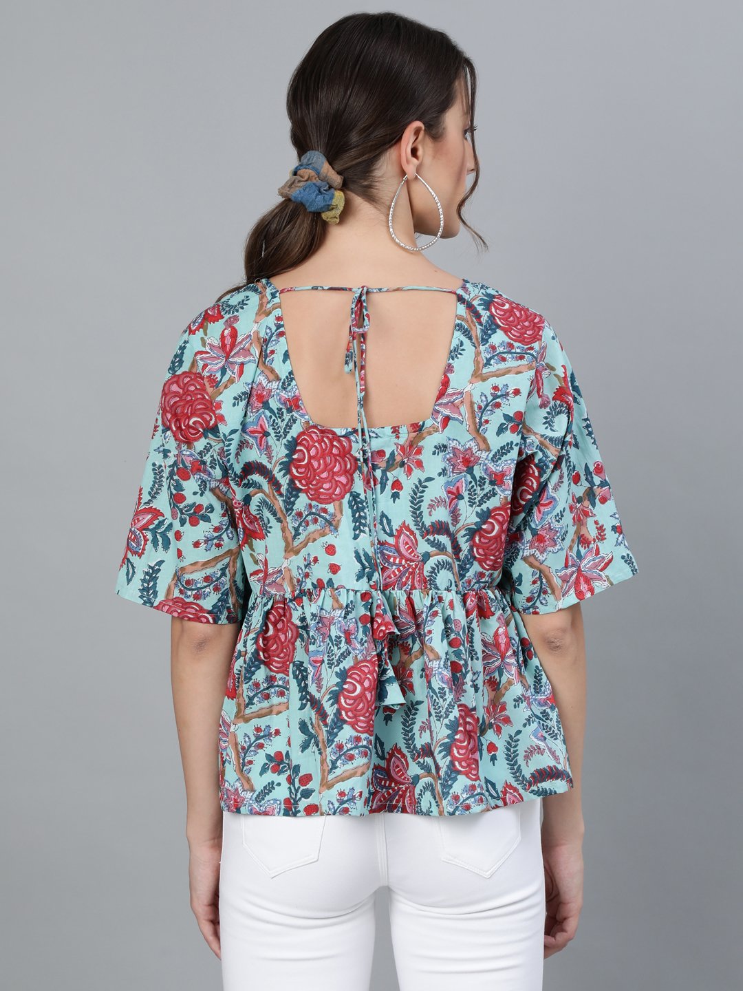 Women Green Printed Top With V Neck & Three Quarter Sleeves | LASVINI - Redefining Indian Fashion with Elegance