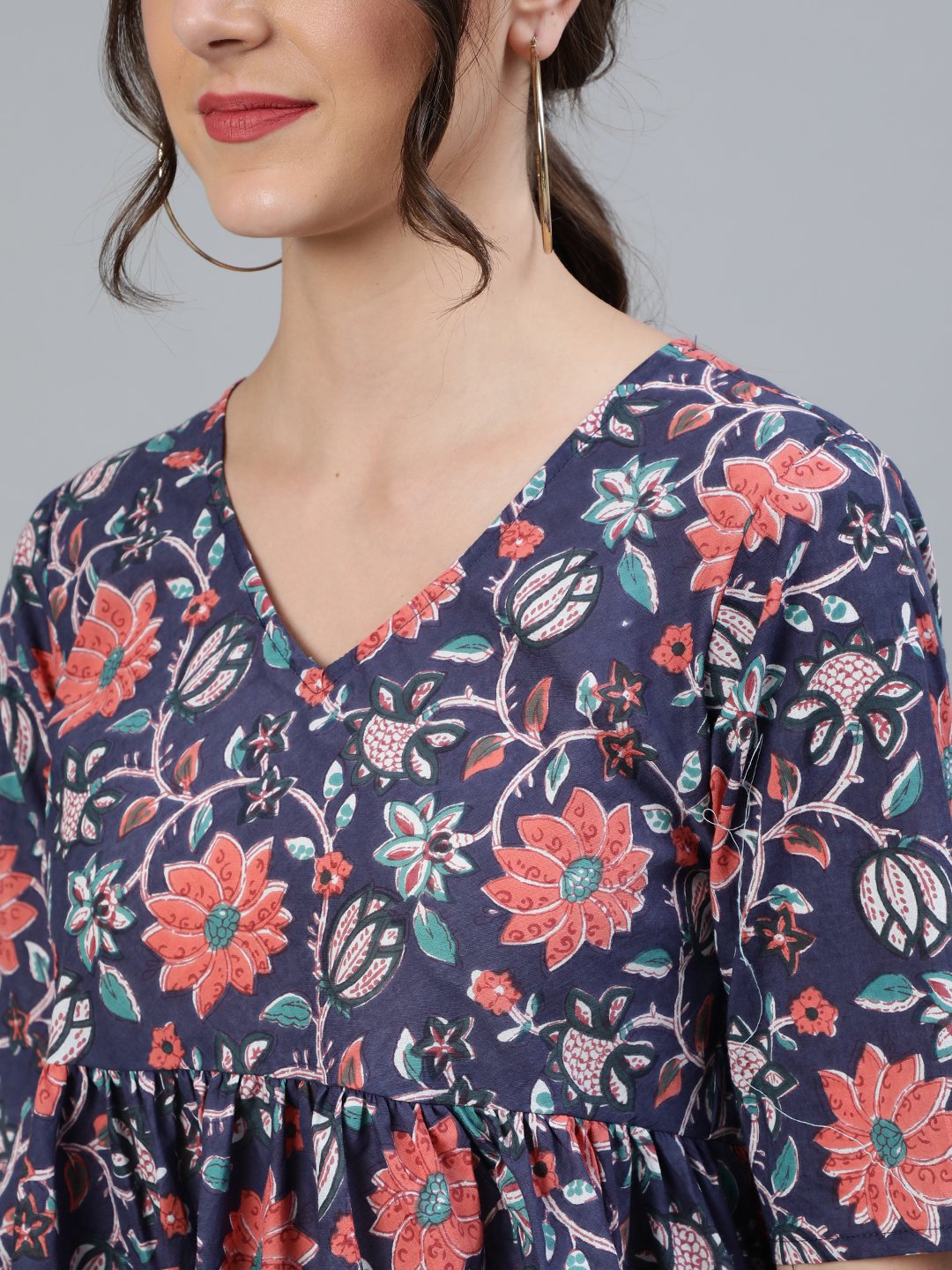 Women Blue Printed Top With V Neck & Three Quarter Sleeves | LASVINI - Redefining Indian Fashion with Elegance