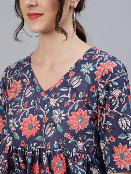 Women Blue Printed Top With V Neck & Three Quarter Sleeves | LASVINI - Redefining Indian Fashion with Elegance