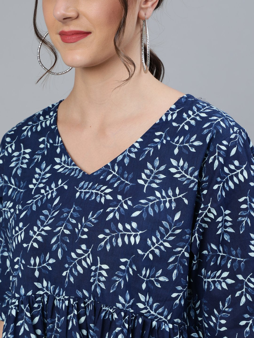 Women Indigo Blue Printed Top With V Neck & Three Quarter Sleeves | LASVINI - Redefining Indian Fashion with Elegance