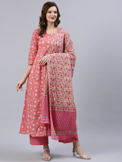 Women Pink Floral Printed Anarkali Kurta With Palazo & Dupatta | LASVINI - Redefining Indian Fashion with Elegance