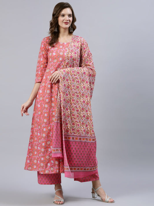 Women Pink Floral Printed Anarkali Kurta With Palazo & Dupatta | LASVINI - Redefining Indian Fashion with Elegance