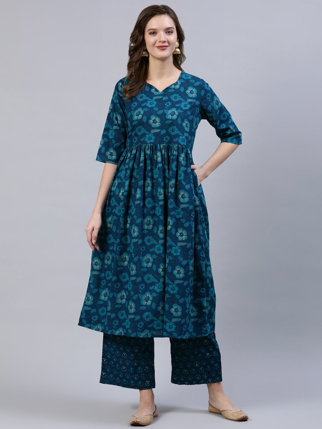 Women Green Floral Printed Gathered Kurta With Palazo | LASVINI - Redefining Indian Fashion with Elegance