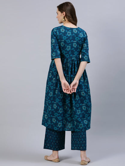 Women Green Floral Printed Gathered Kurta With Palazo | LASVINI - Redefining Indian Fashion with Elegance