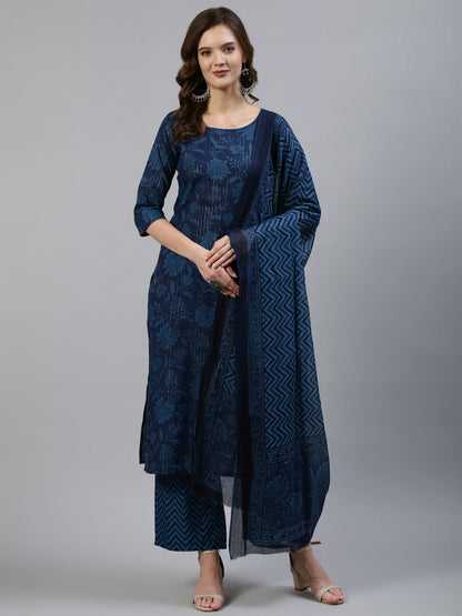 Women Indigo Floral Printed Straight  Kurta With Palazo & Dupatta | LASVINI - Redefining Indian Fashion with Elegance