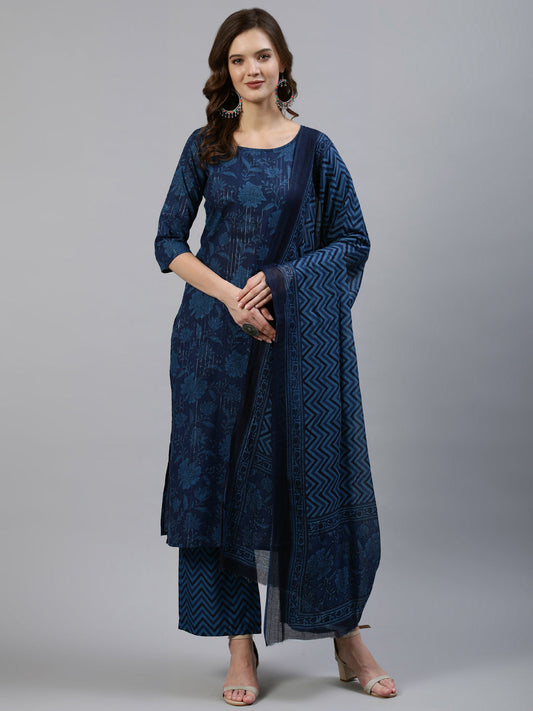 Women Indigo Floral Printed Straight  Kurta With Palazo & Dupatta | LASVINI - Redefining Indian Fashion with Elegance
