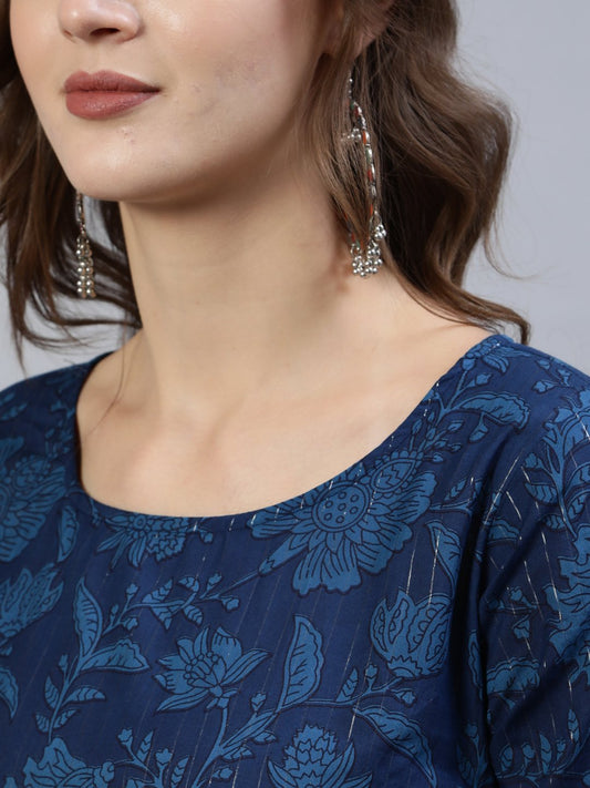 Women Indigo Floral Printed Straight  Kurta With Palazo & Dupatta | LASVINI - Redefining Indian Fashion with Elegance