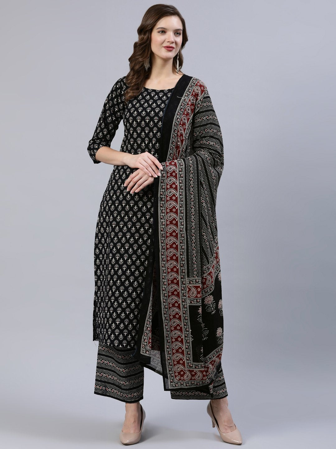 Women Black Printed Straight  Kurta With Palazo & Dupatta | LASVINI - Redefining Indian Fashion with Elegance
