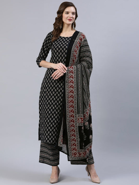 Women Black Printed Straight  Kurta With Palazo & Dupatta | LASVINI - Redefining Indian Fashion with Elegance