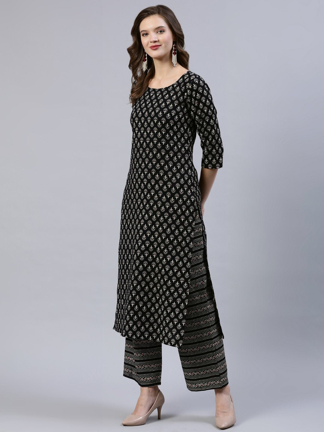 Women Black Printed Straight  Kurta With Palazo & Dupatta | LASVINI - Redefining Indian Fashion with Elegance