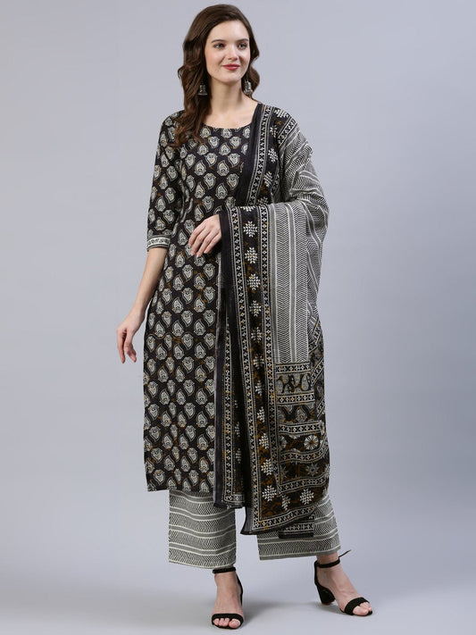 Women Black Printed Straight  Kurta With Palazo & Dupatta | LASVINI - Redefining Indian Fashion with Elegance