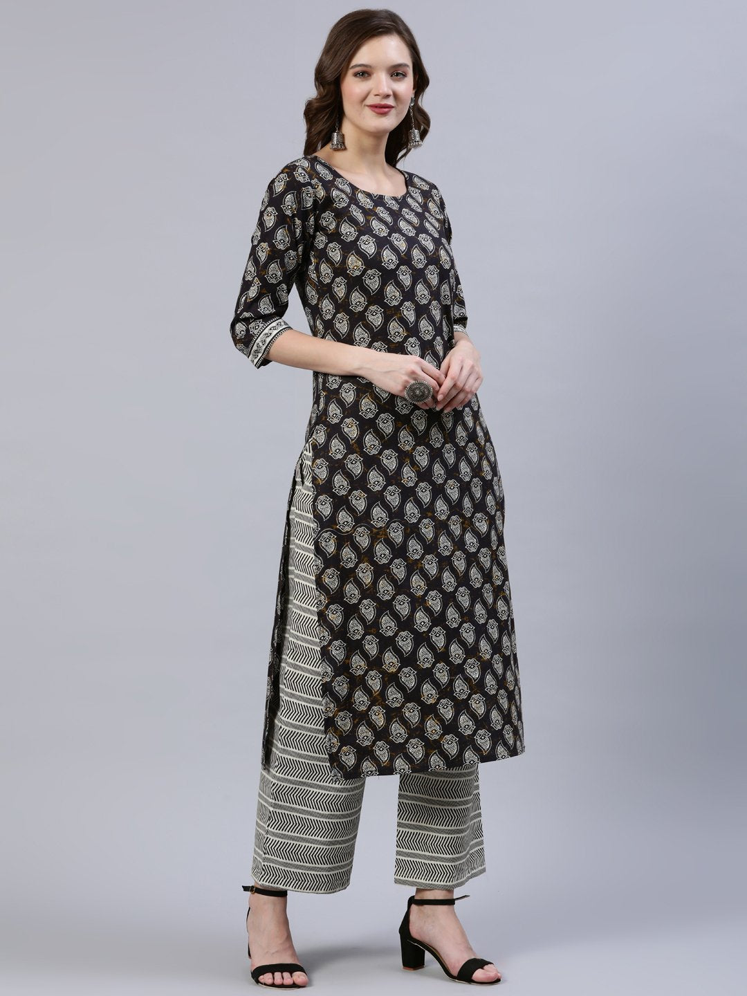 Women Black Printed Straight  Kurta With Palazo & Dupatta | LASVINI - Redefining Indian Fashion with Elegance