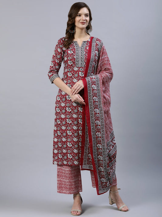 Women Red Printed Straight  Kurta With Palazo & Dupatta | LASVINI - Redefining Indian Fashion with Elegance