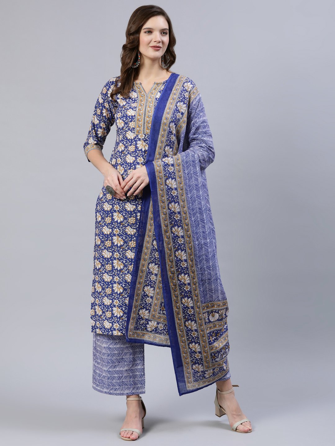 Women Blue Printed Straight  Kurta With Palazo & Dupatta | LASVINI - Redefining Indian Fashion with Elegance