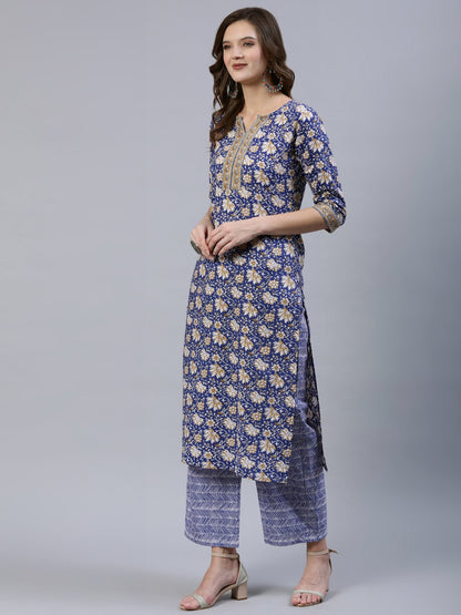 Women Blue Printed Straight  Kurta With Palazo & Dupatta | LASVINI - Redefining Indian Fashion with Elegance