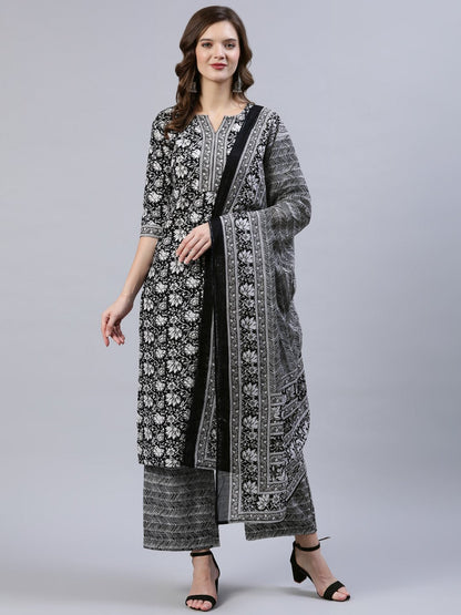 Women Black & Whites Floral Printed Straight Kurta With Palazo & Dupatta | LASVINI - Redefining Indian Fashion with Elegance