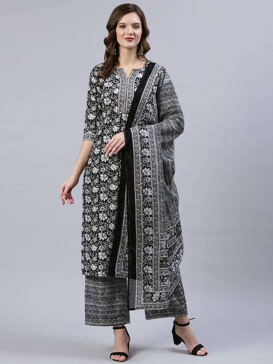 Women Black & Whites Floral Printed Straight Kurta With Palazo & Dupatta | LASVINI - Redefining Indian Fashion with Elegance