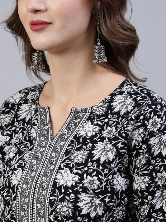 Women Black & Whites Floral Printed Straight Kurta With Palazo & Dupatta | LASVINI - Redefining Indian Fashion with Elegance