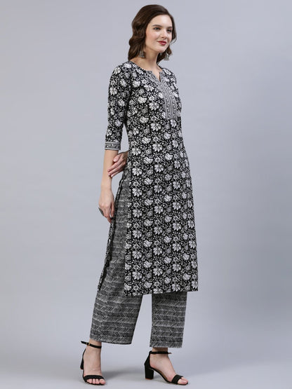 Women Black & Whites Floral Printed Straight Kurta With Palazo & Dupatta | LASVINI - Redefining Indian Fashion with Elegance