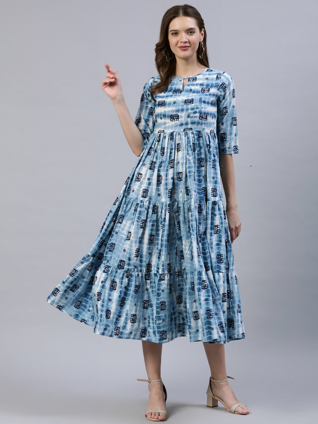 Women  Blue Printed Tiered Dress With Three Quarter Sleeves | LASVINI - Redefining Indian Fashion with Elegance