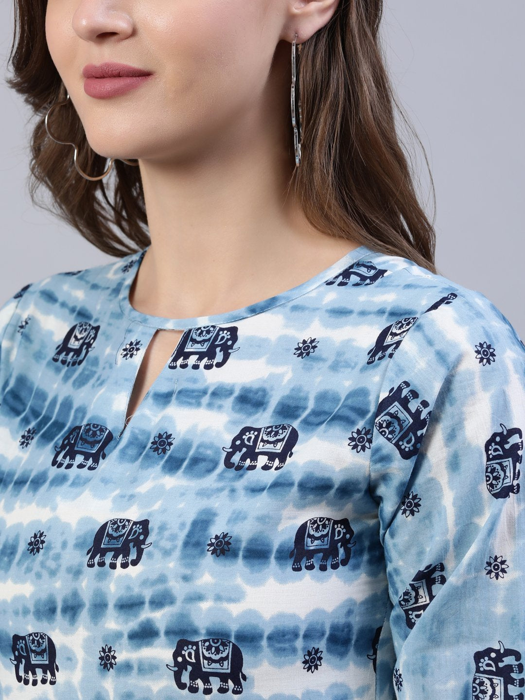 Women  Blue Printed Tiered Dress With Three Quarter Sleeves | LASVINI - Redefining Indian Fashion with Elegance
