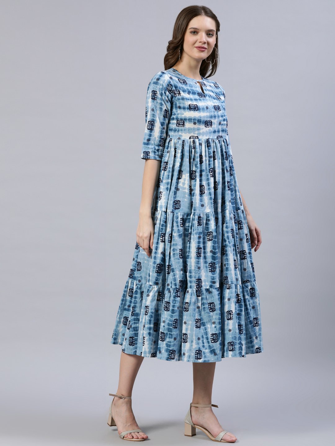 Women  Blue Printed Tiered Dress With Three Quarter Sleeves | LASVINI - Redefining Indian Fashion with Elegance