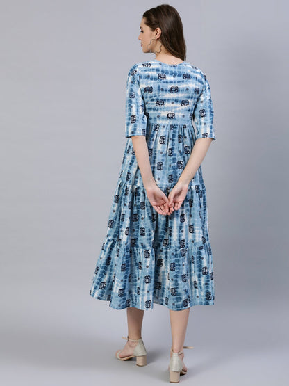 Women  Blue Printed Tiered Dress With Three Quarter Sleeves | LASVINI - Redefining Indian Fashion with Elegance