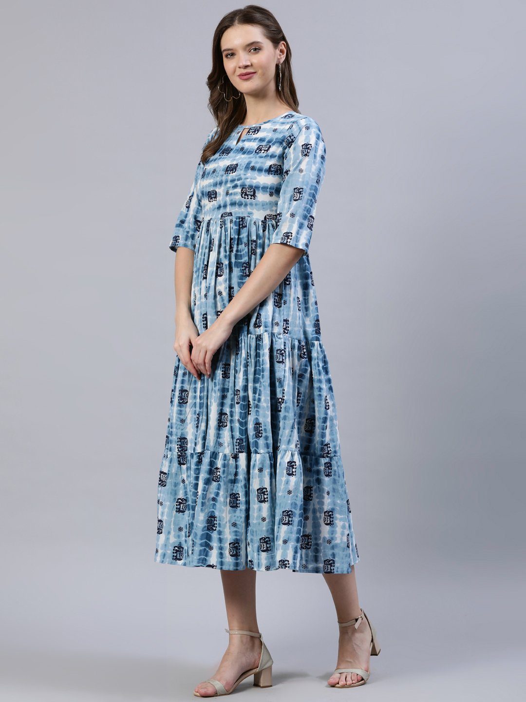 Women  Blue Printed Tiered Dress With Three Quarter Sleeves | LASVINI - Redefining Indian Fashion with Elegance