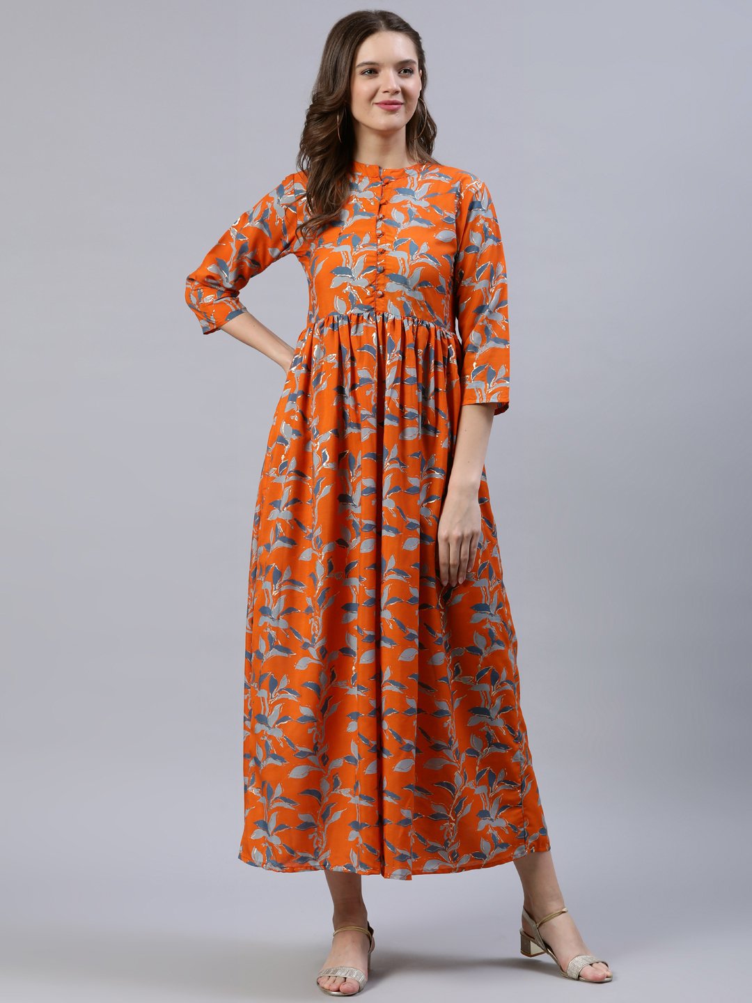 Women  Orange Printed Dress With Three Quarter Sleeves | LASVINI - Redefining Indian Fashion with Elegance