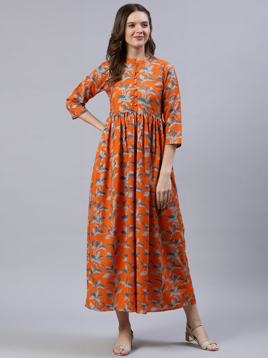 Women  Orange Printed Dress With Three Quarter Sleeves | LASVINI - Redefining Indian Fashion with Elegance