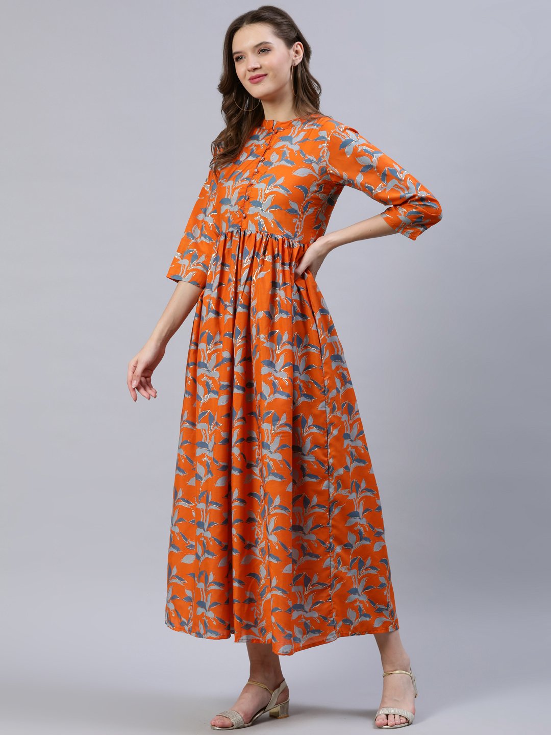Women  Orange Printed Dress With Three Quarter Sleeves | LASVINI - Redefining Indian Fashion with Elegance