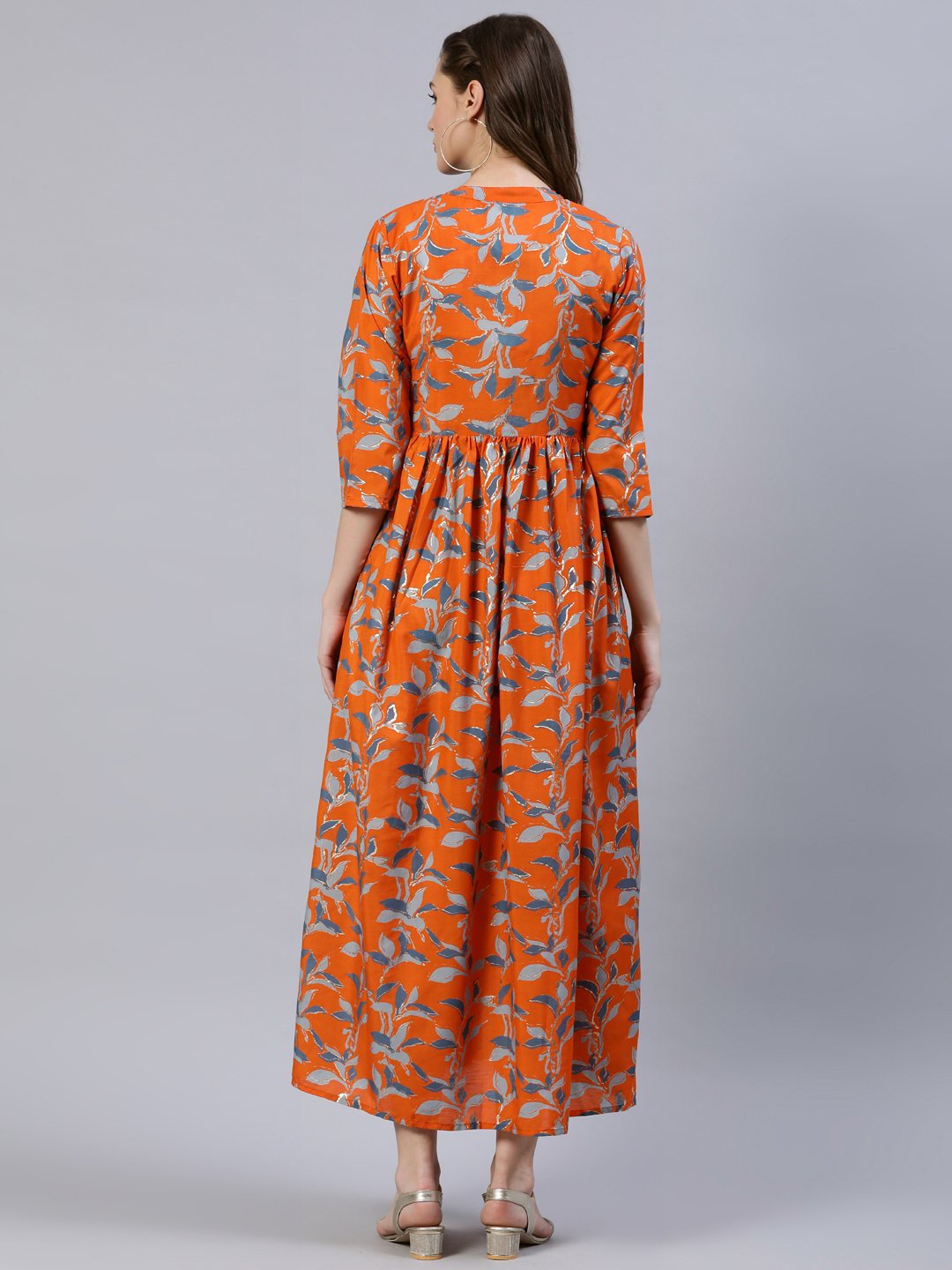 Women  Orange Printed Dress With Three Quarter Sleeves | LASVINI - Redefining Indian Fashion with Elegance