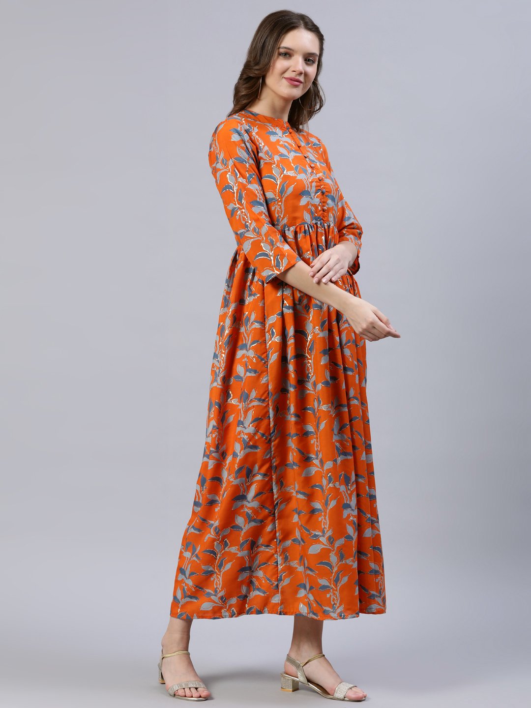 Women  Orange Printed Dress With Three Quarter Sleeves | LASVINI - Redefining Indian Fashion with Elegance