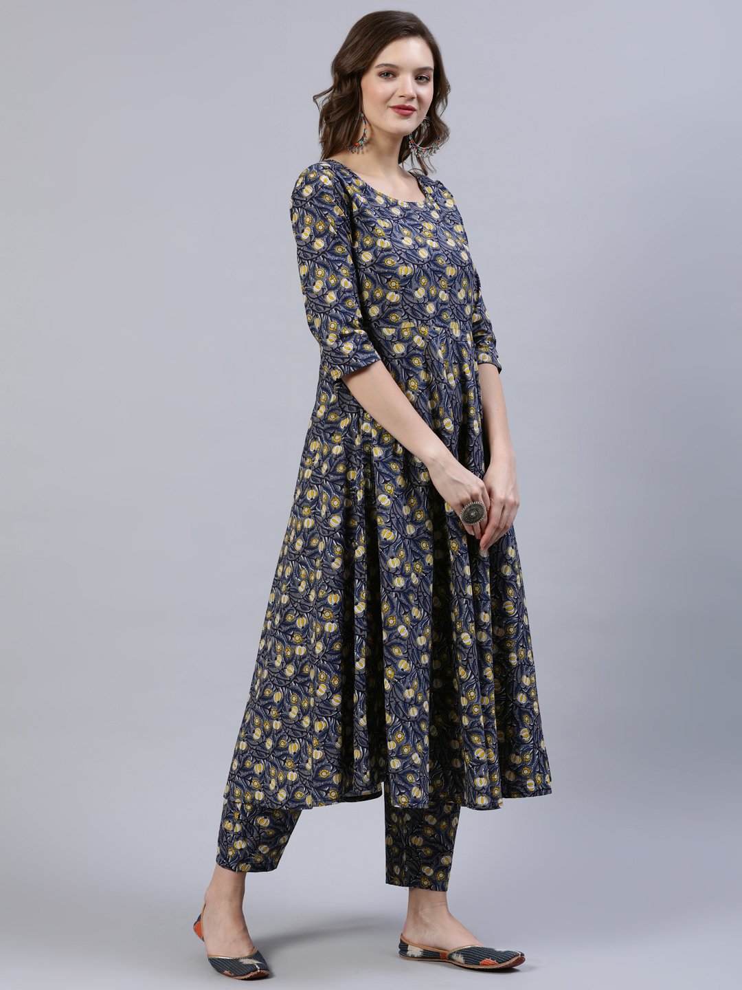 Women Blue Printed Flared Kurta With Trouser & Dupatta | LASVINI - Redefining Indian Fashion with Elegance