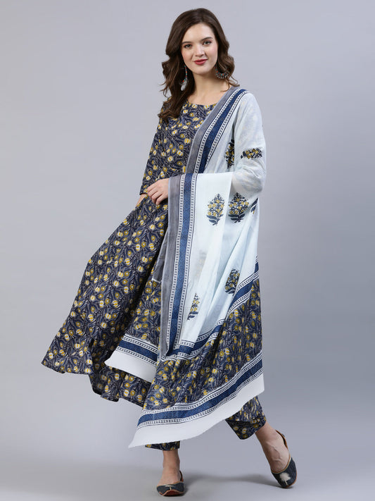 Women Blue Printed Flared Kurta With Trouser & Dupatta | LASVINI - Redefining Indian Fashion with Elegance