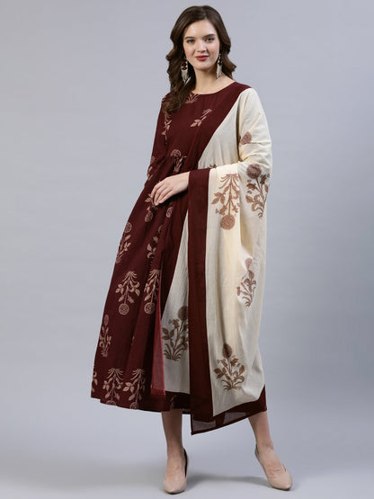 Women  Brown Printed Dress With Dupatta | LASVINI - Redefining Indian Fashion with Elegance
