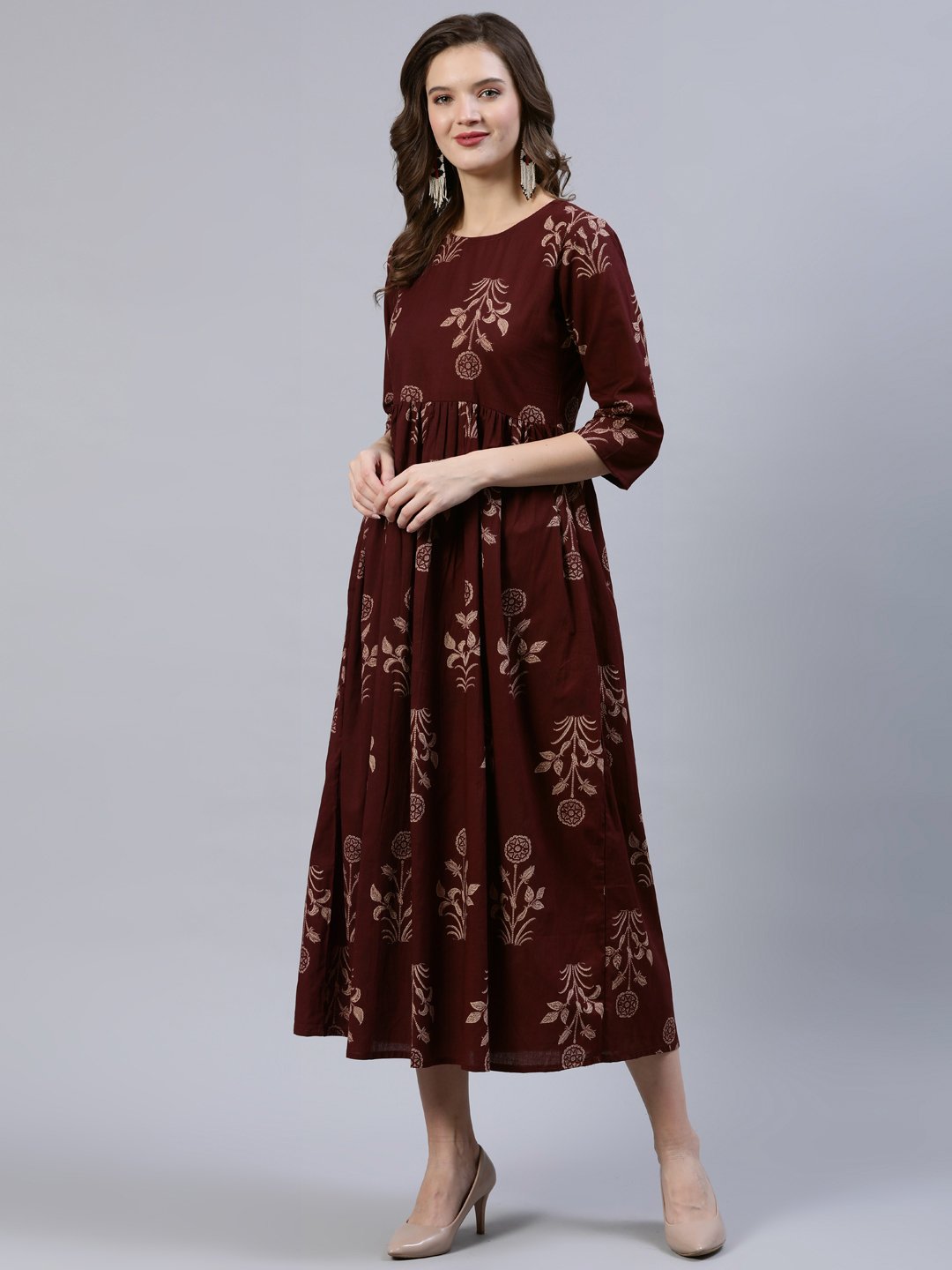 Women  Brown Printed Dress With Dupatta | LASVINI - Redefining Indian Fashion with Elegance