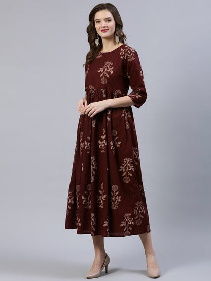 Women  Brown Printed Dress With Dupatta | LASVINI - Redefining Indian Fashion with Elegance