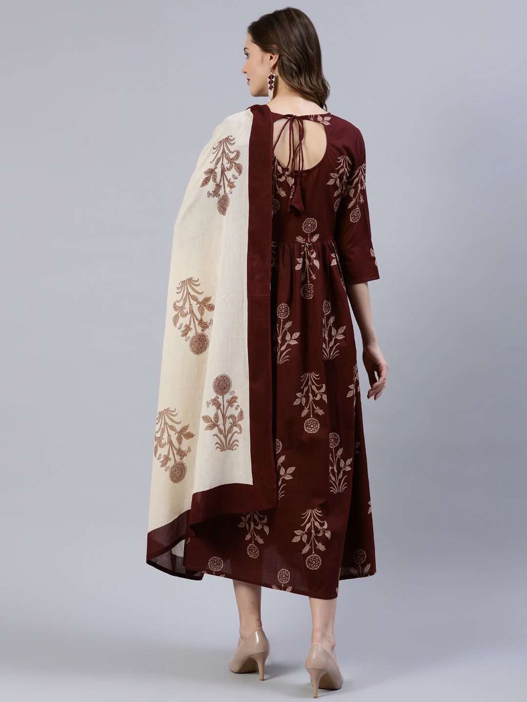 Women  Brown Printed Dress With Dupatta | LASVINI - Redefining Indian Fashion with Elegance