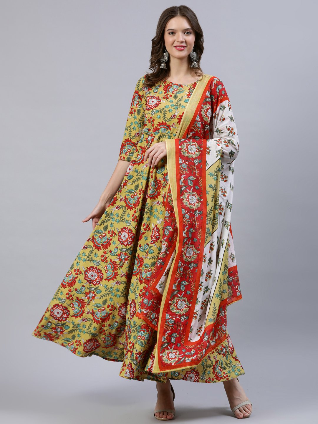 Women Green Floral Printed Dress With Dupatta | LASVINI - Redefining Indian Fashion with Elegance