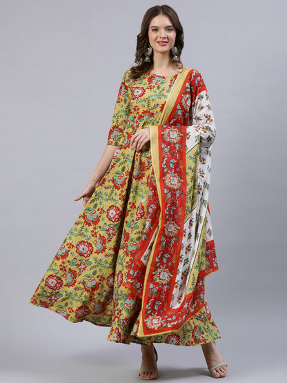 Women Green Floral Printed Dress With Dupatta | LASVINI - Redefining Indian Fashion with Elegance