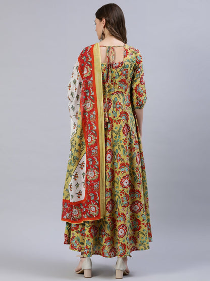 Women Green Floral Printed Dress With Dupatta | LASVINI - Redefining Indian Fashion with Elegance