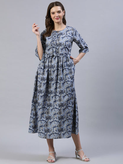 Women Blue Floral Printed Dress With Three Quarter Sleeves | LASVINI - Redefining Indian Fashion with Elegance