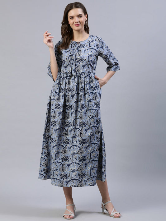 Women Blue Floral Printed Dress With Three Quarter Sleeves | LASVINI - Redefining Indian Fashion with Elegance