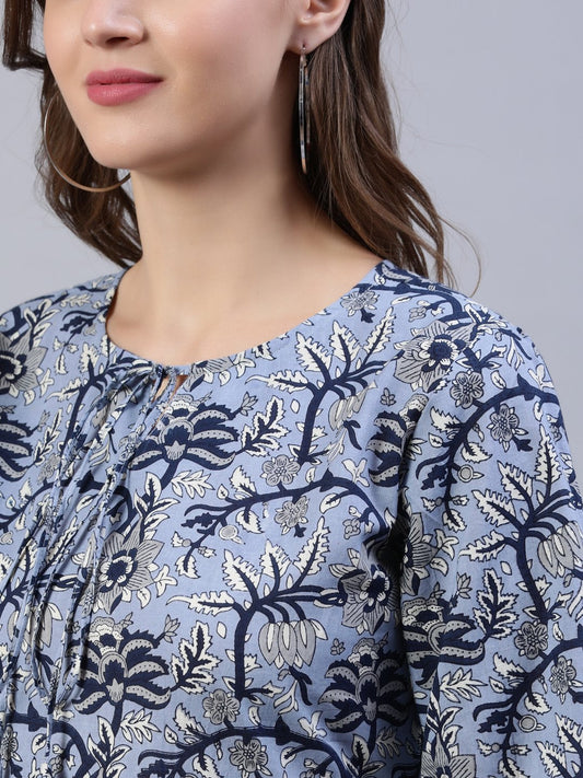 Women Blue Floral Printed Dress With Three Quarter Sleeves | LASVINI - Redefining Indian Fashion with Elegance
