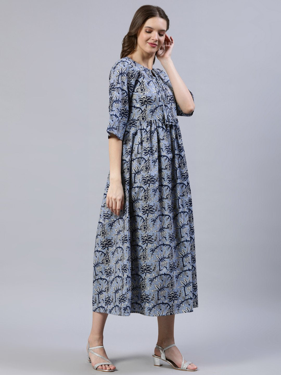 Women Blue Floral Printed Dress With Three Quarter Sleeves | LASVINI - Redefining Indian Fashion with Elegance