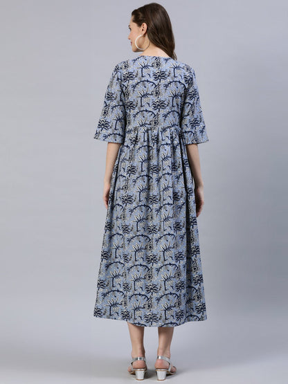 Women Blue Floral Printed Dress With Three Quarter Sleeves | LASVINI - Redefining Indian Fashion with Elegance