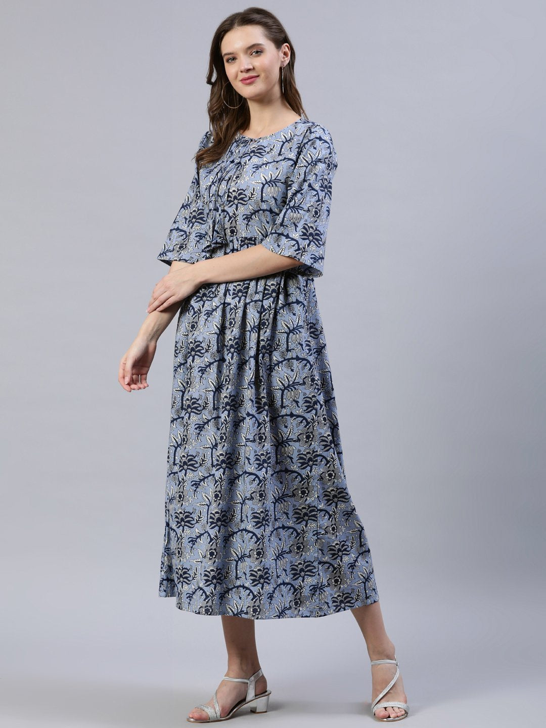Women Blue Floral Printed Dress With Three Quarter Sleeves | LASVINI - Redefining Indian Fashion with Elegance