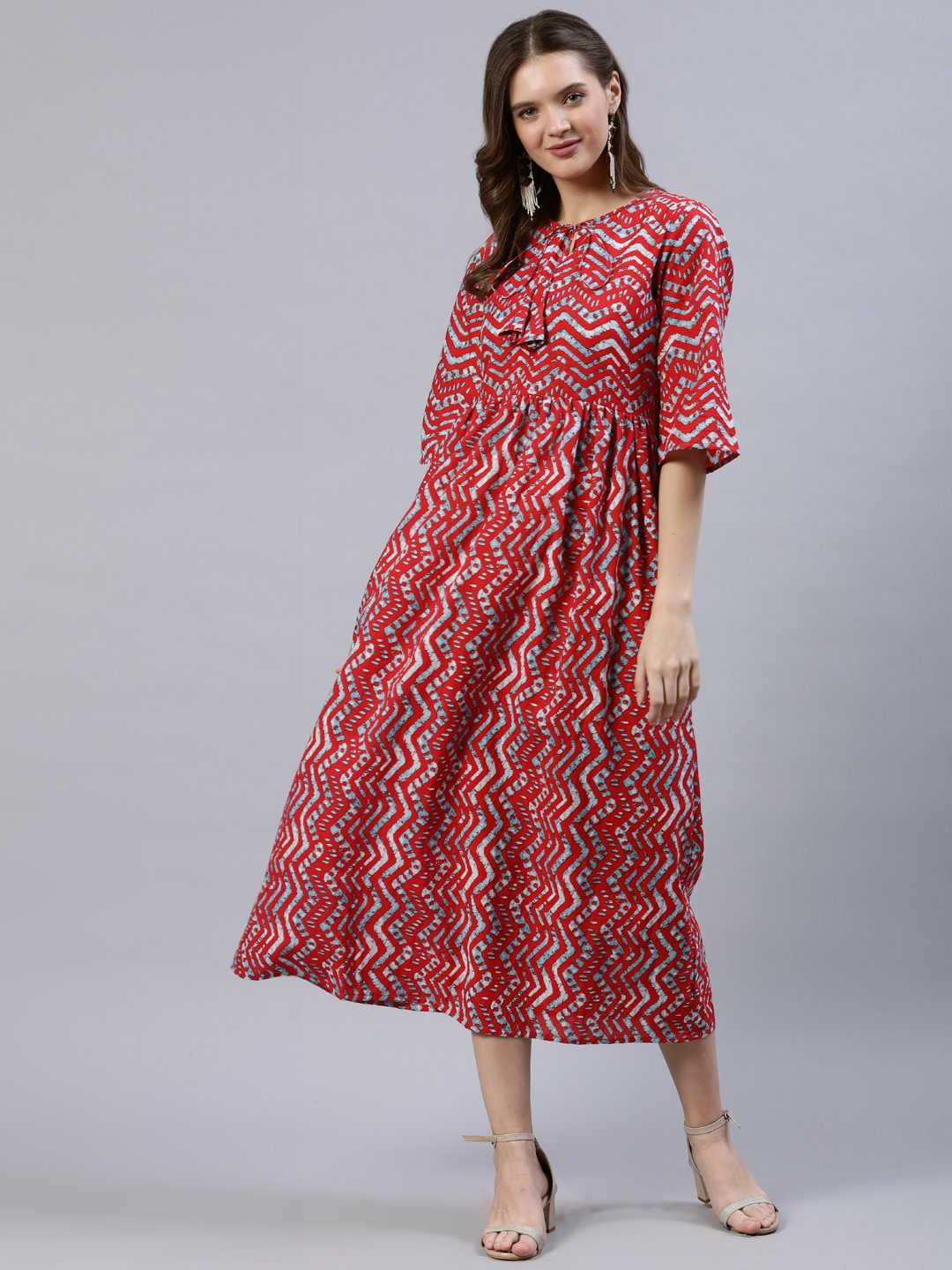 Women Red Zig-Zac Printed Dress With Three Quarter Sleeves | LASVINI - Redefining Indian Fashion with Elegance